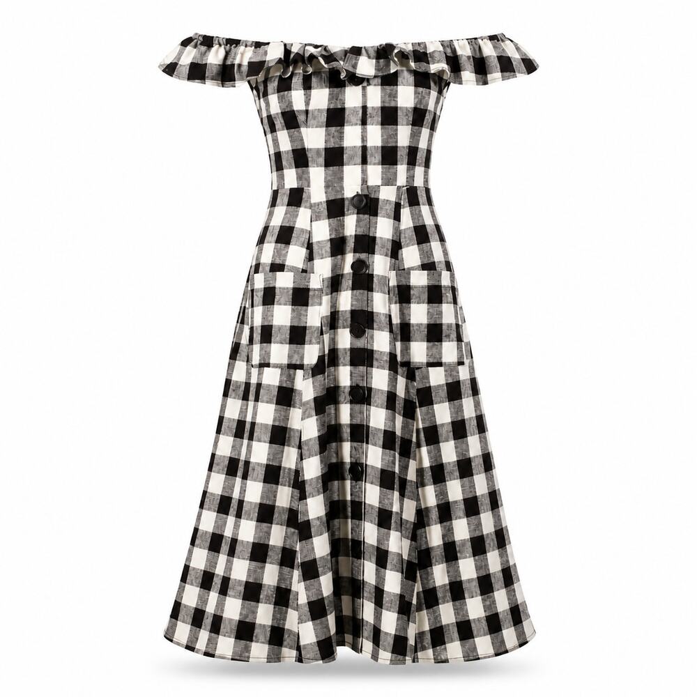 Reformation Hattie Linen Midi Dress Gingham Black White Size 6 Off the Shoulder - Picture 2 of 11